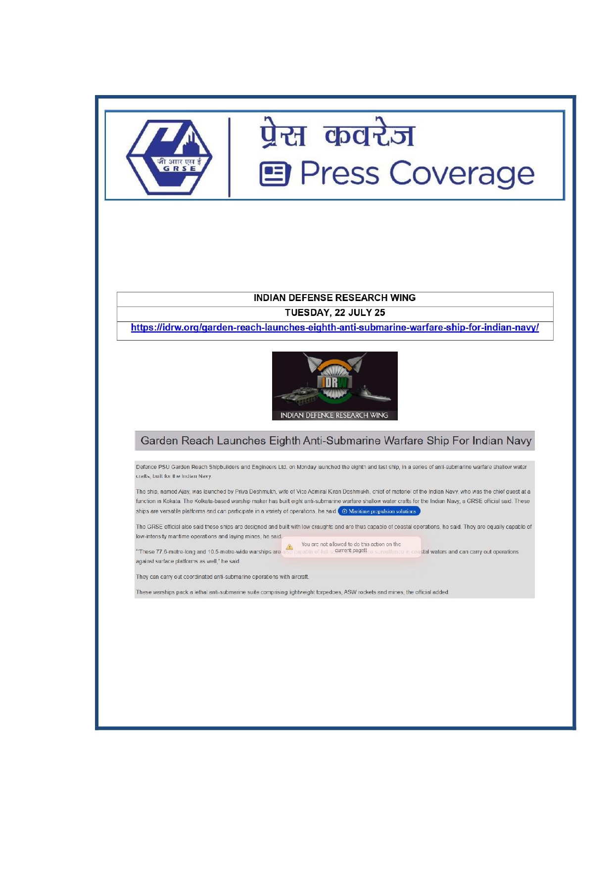 Press Coverage :  Anti-submarine Warfare Ship,Ajay,Launched in Kolkata